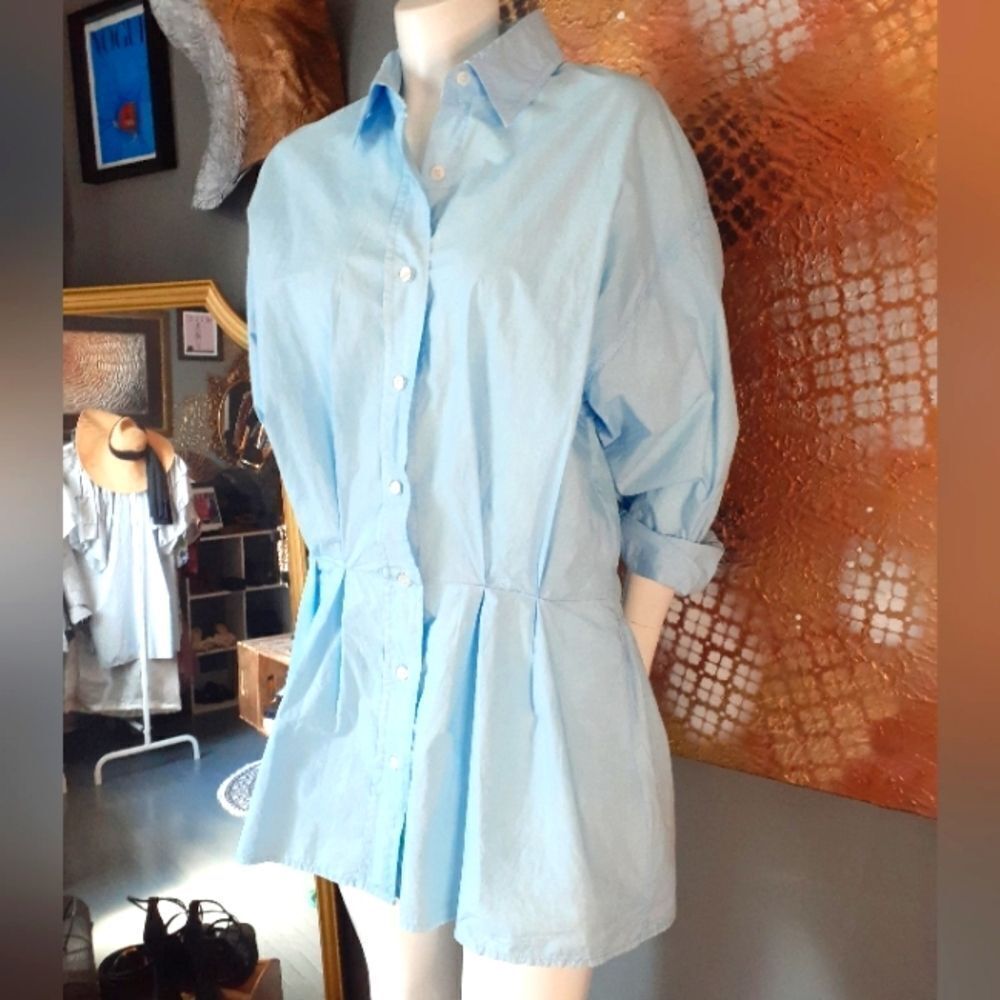 Zara 100% Cotton Light Blue Button-Up Shirt Dress